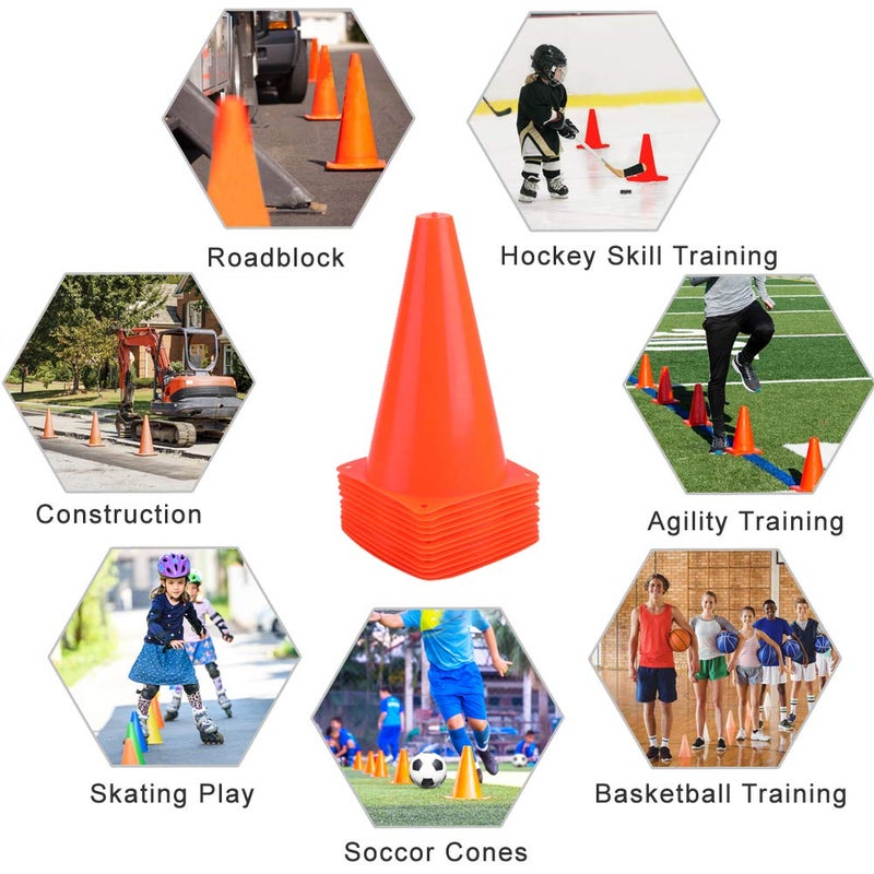 Fragraim 9 Inch Plastic Training Traffic Cones, Sport Cones, Agility Field Marker Cones for Soccer Basketball Football Drills Training, Outdoor Activity or Events - 12 Pack, Orange - Image 5